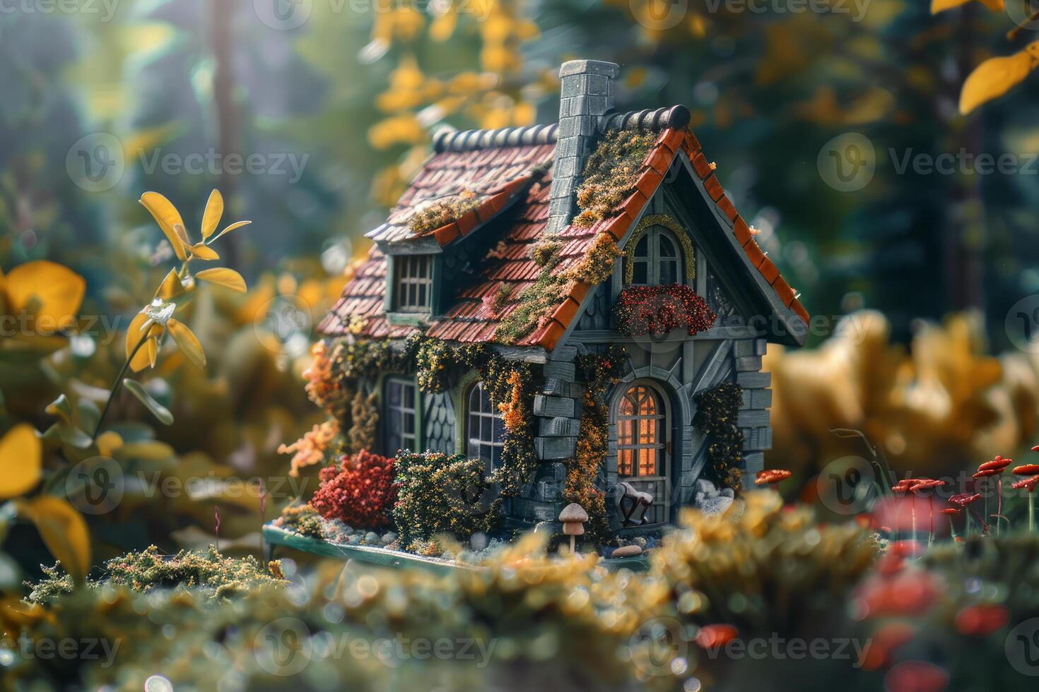 Enchanting miniature fairy house in garden photo