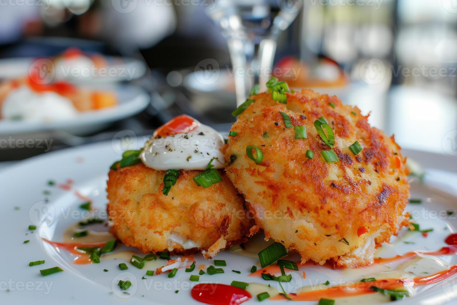 Gourmet crispy crab cakes on elegant dining table photo