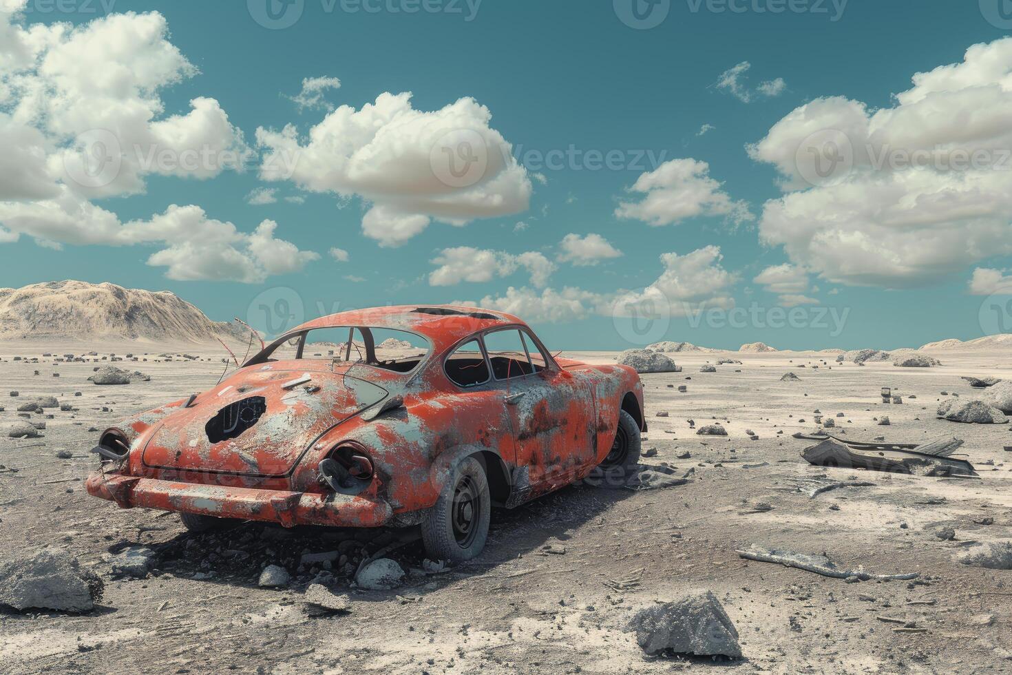 Abandoned vintage car in desert landscape photo