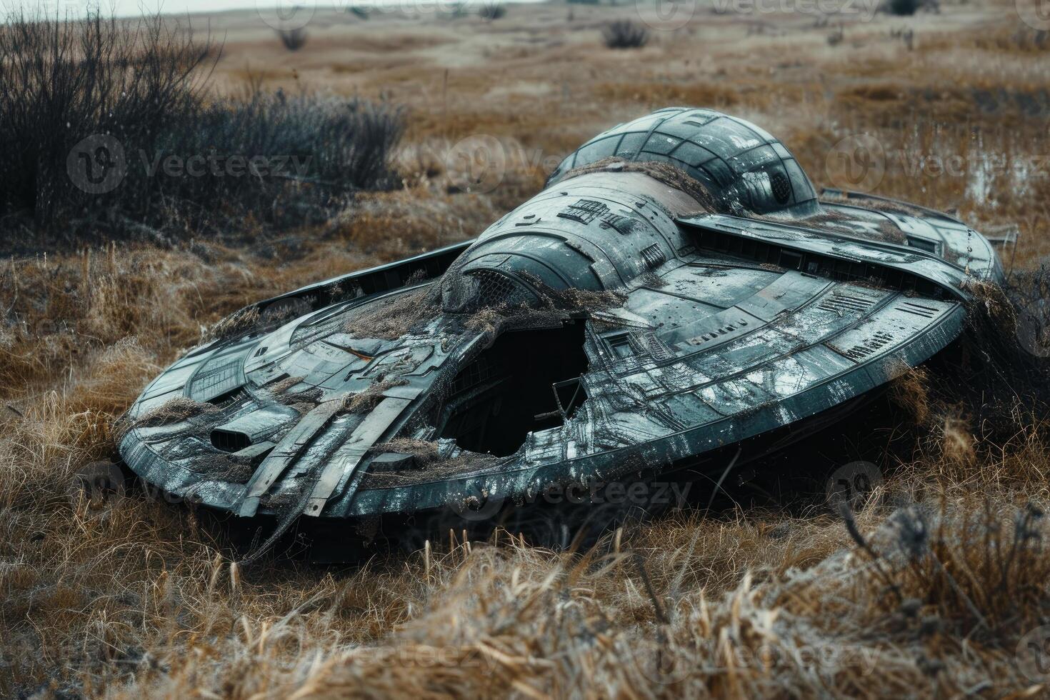 Abandoned spaceship in desolate field photo
