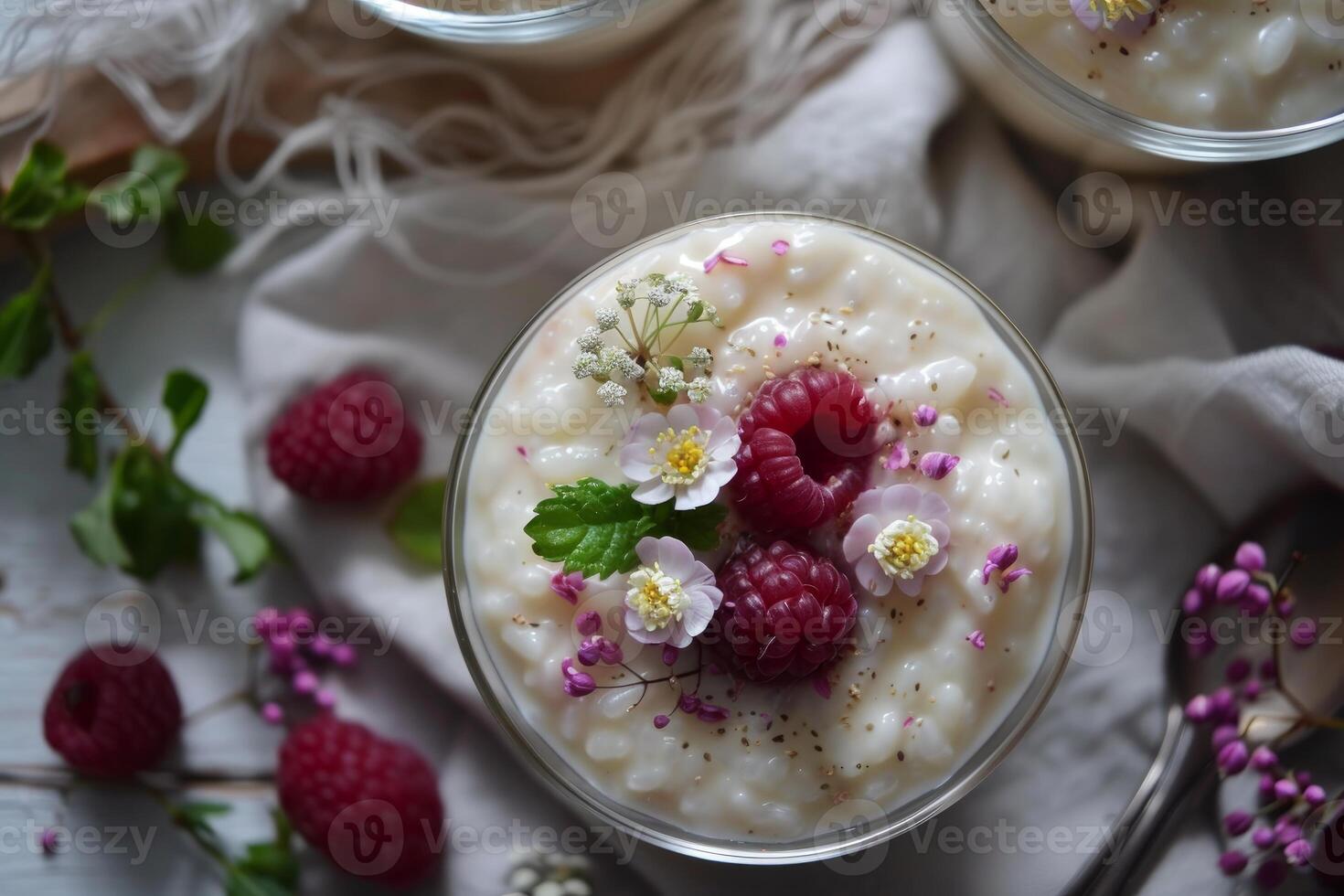 Fresh raspberry tapioca pudding in glass bowl photo