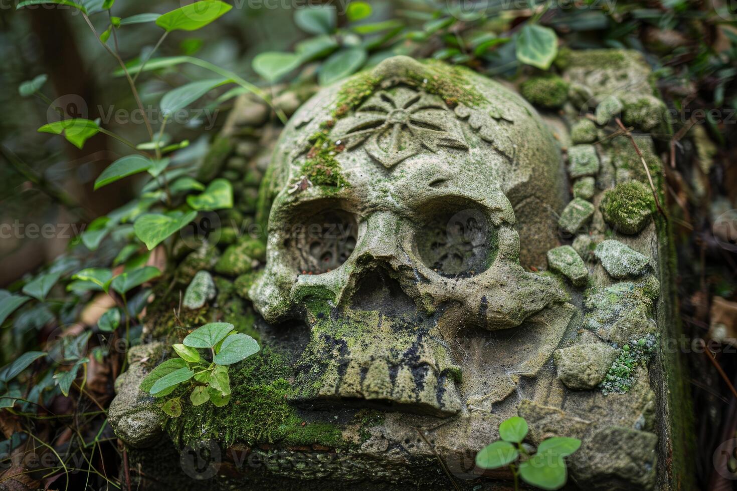 Enigmatic stone skull in forest photo