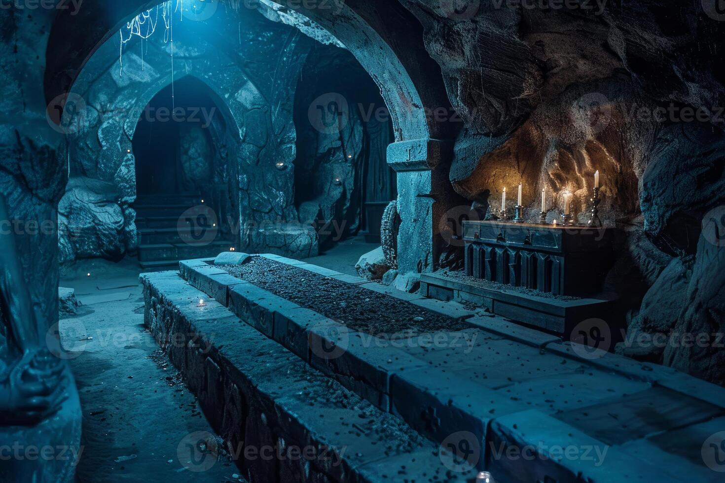 Mysterious medieval dungeon interior with candles photo