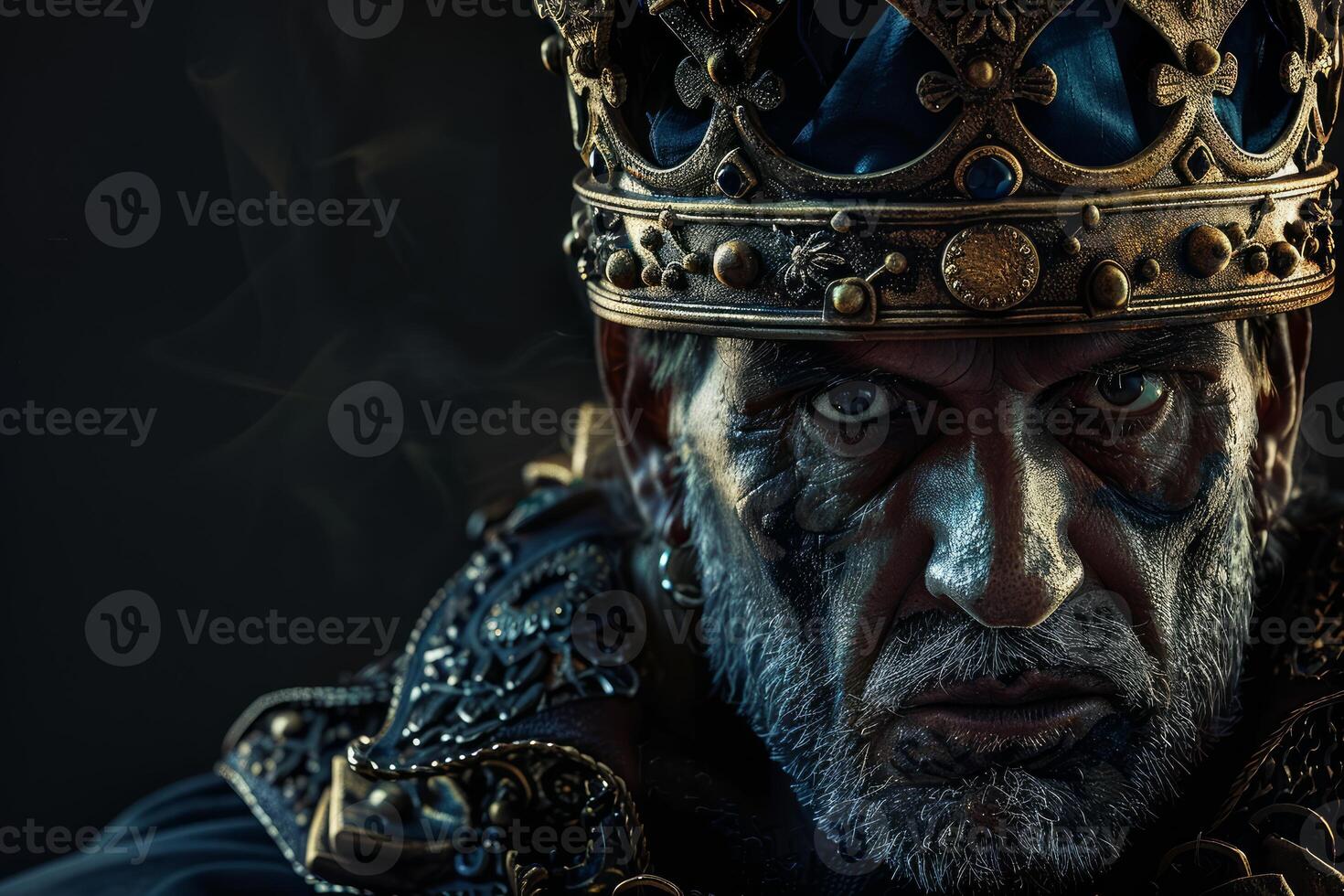 Regal gaze of a grizzled king in darkness photo
