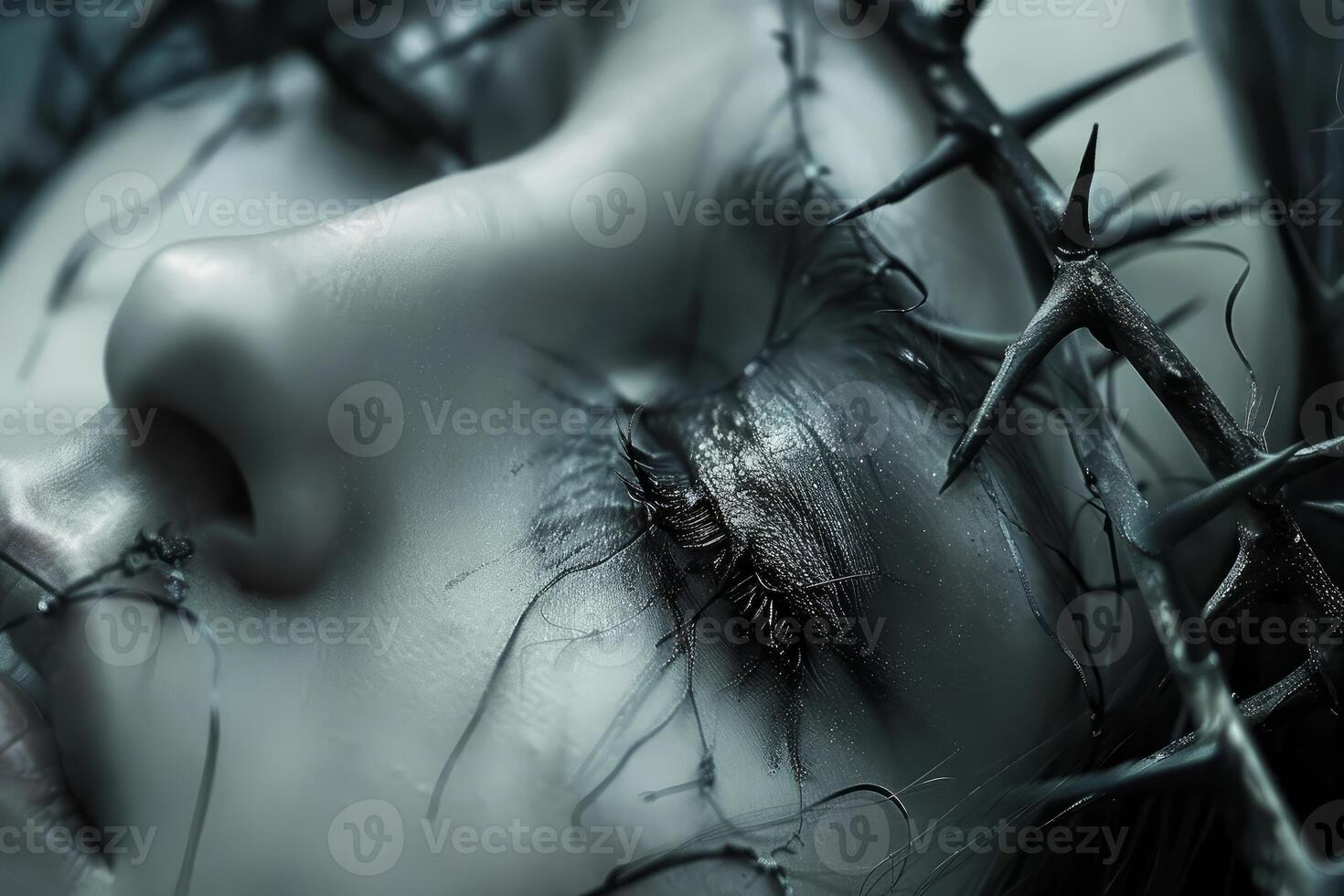 Closeup of a surreal female face intertwined with sharp thorns, conveying a sense of danger and beauty photo