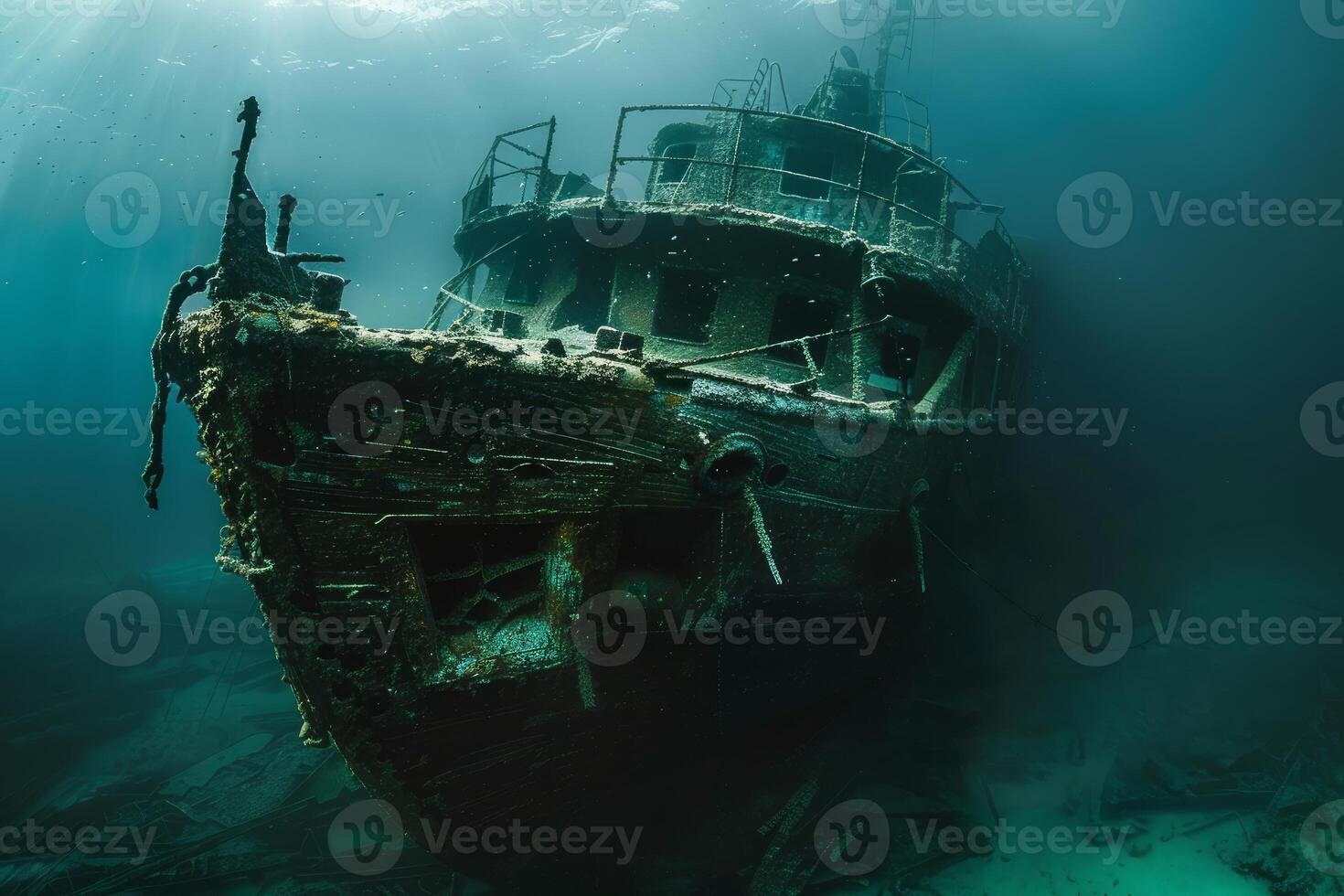 Mysterious sunken shipwreck in ocean depths photo
