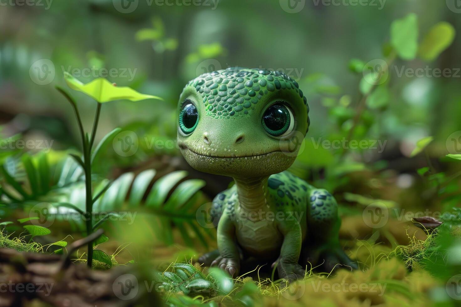 Adorable baby dinosaur toy in enchanted forest photo