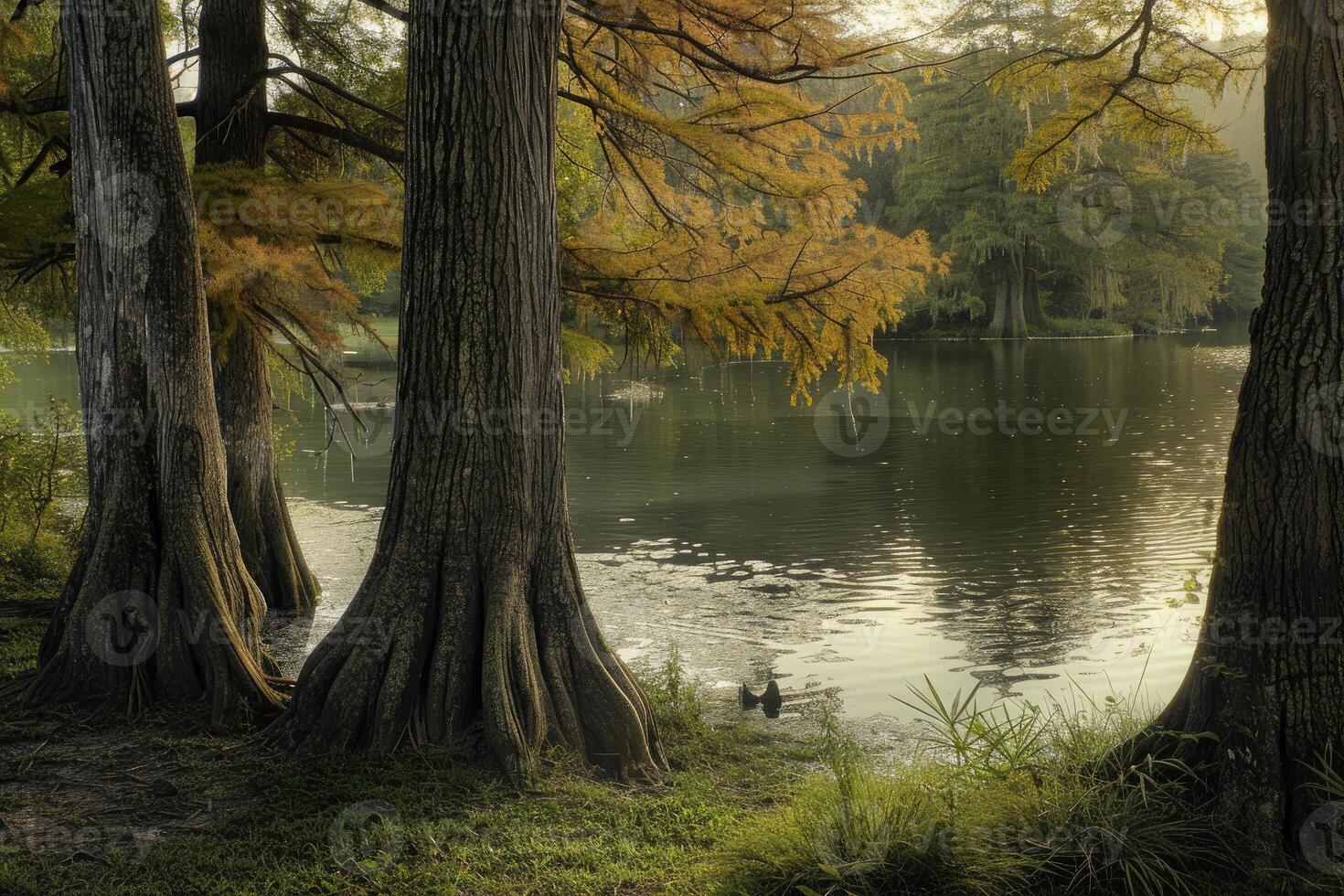 Tranquil autumn scenery with golden foliage reflecting on a peaceful lake at sunset photo