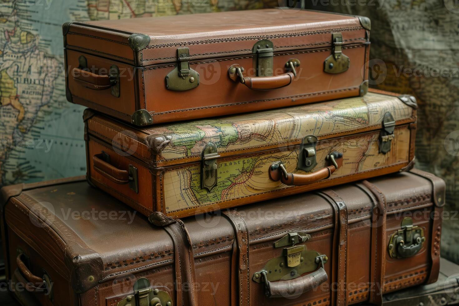 Vintage leather suitcases on map background photo