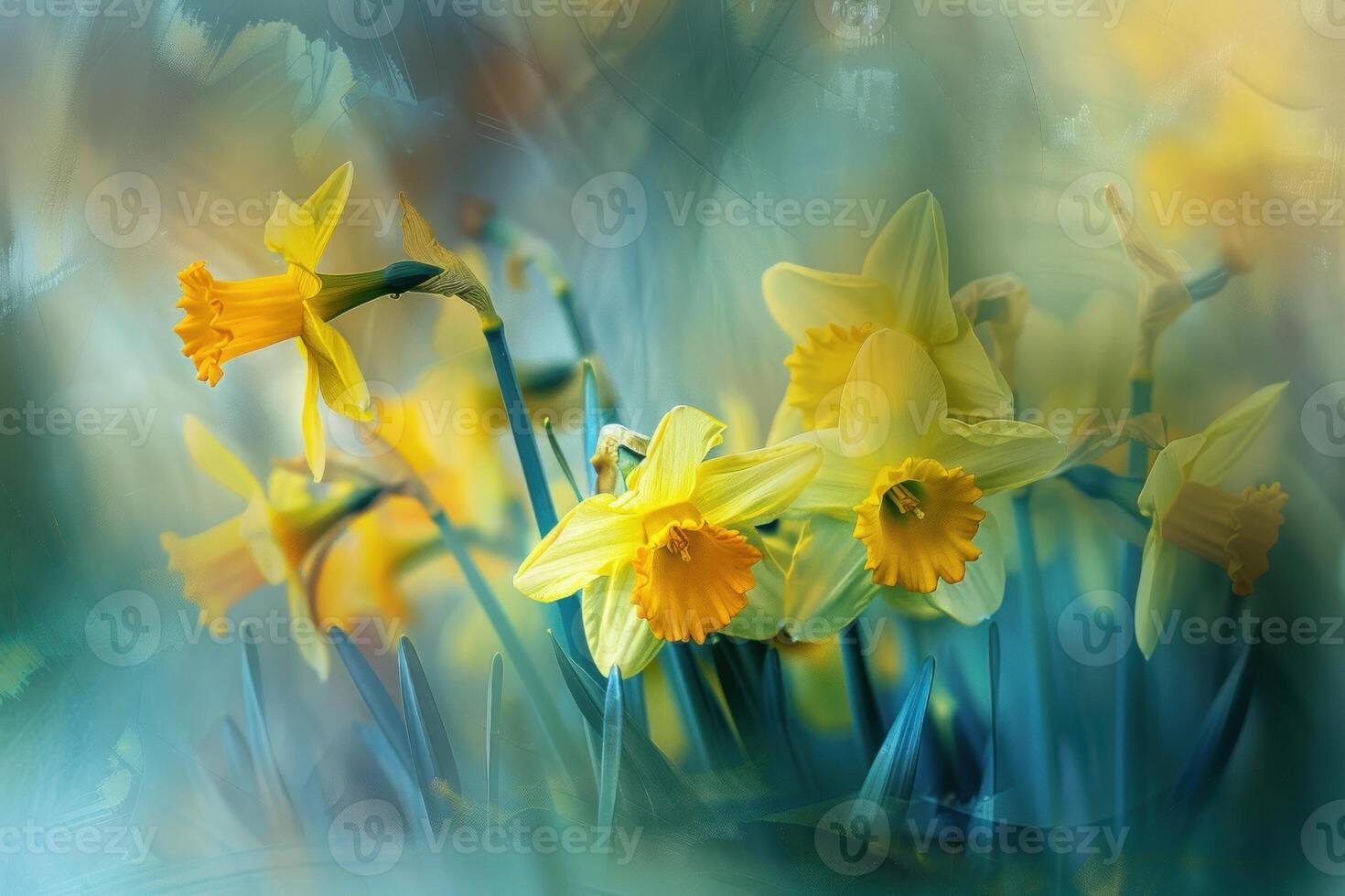 Artistic softfocus image of yellow daffodils blooming in a gentle spring scene photo