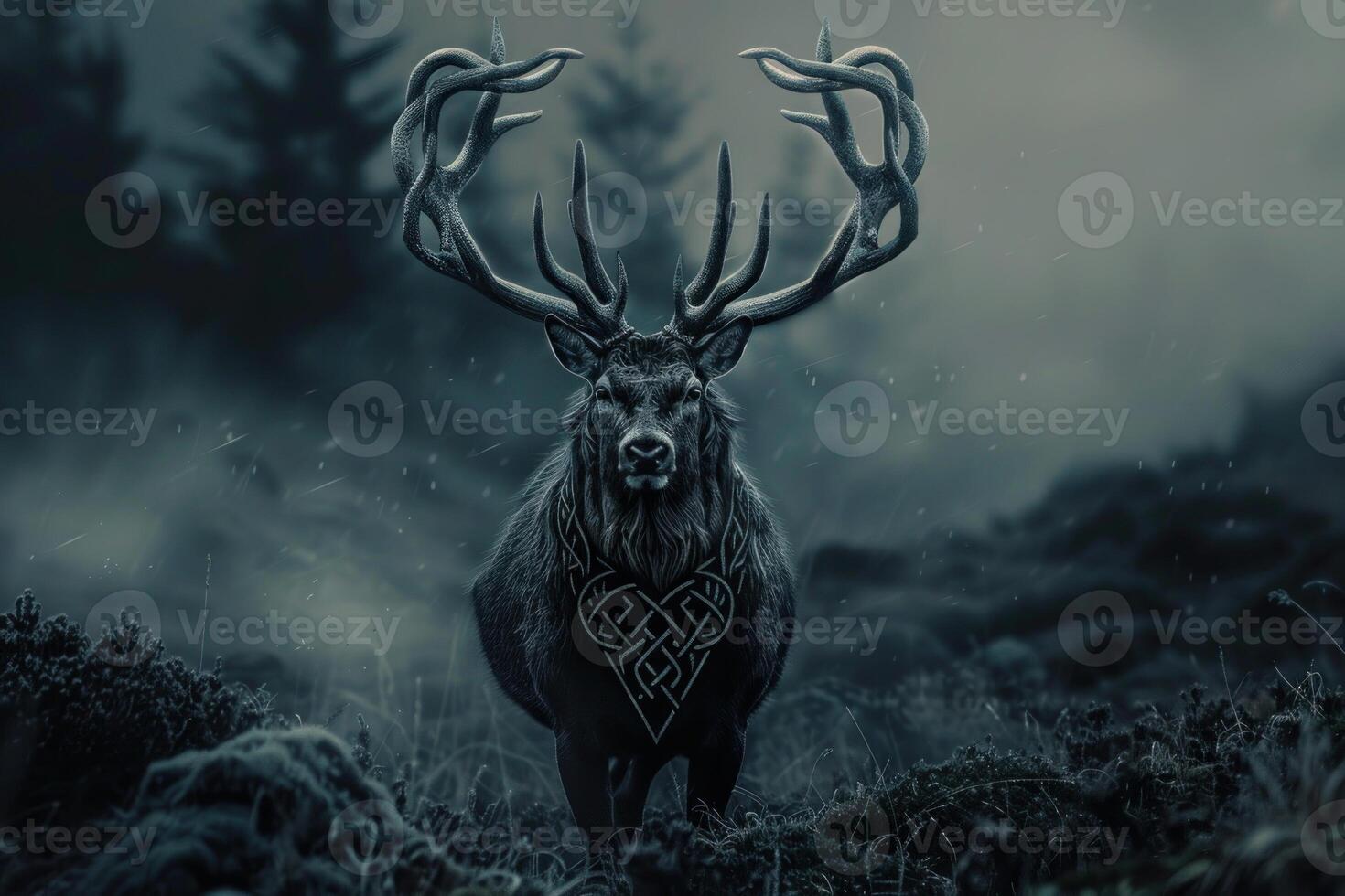 Mystical stag in enchanted forest at night photo