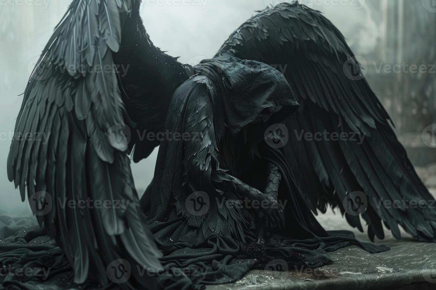 Mysterious figure with black wings shrouded in mist photo