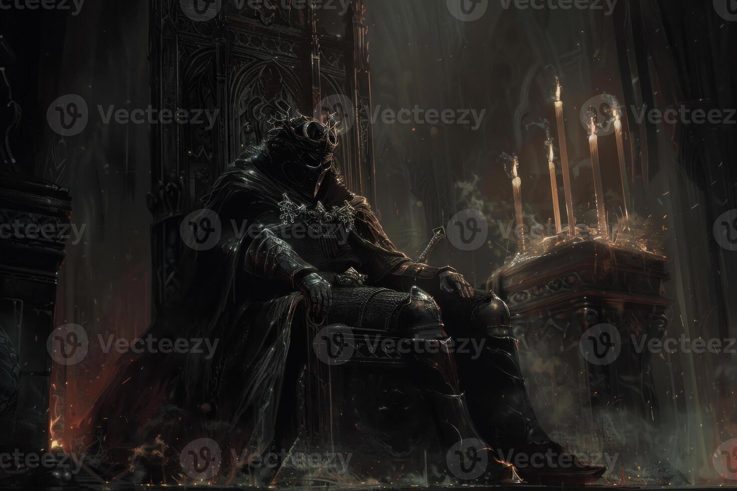 Majestic dark throne room with mysterious monarch photo