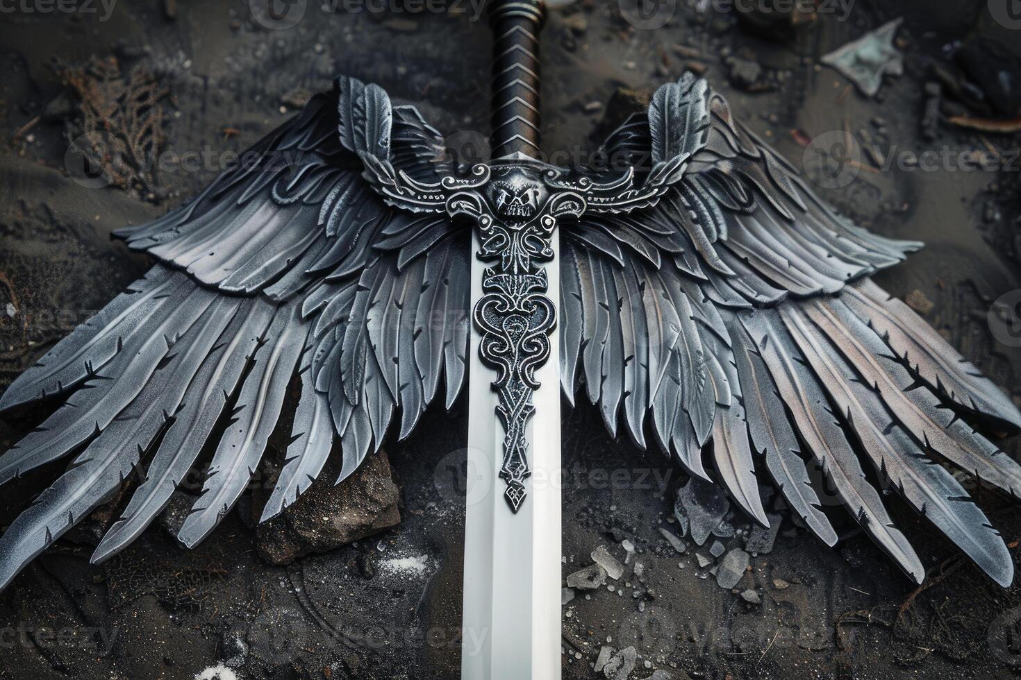 Detailed sword and angelic wings on dark background photo