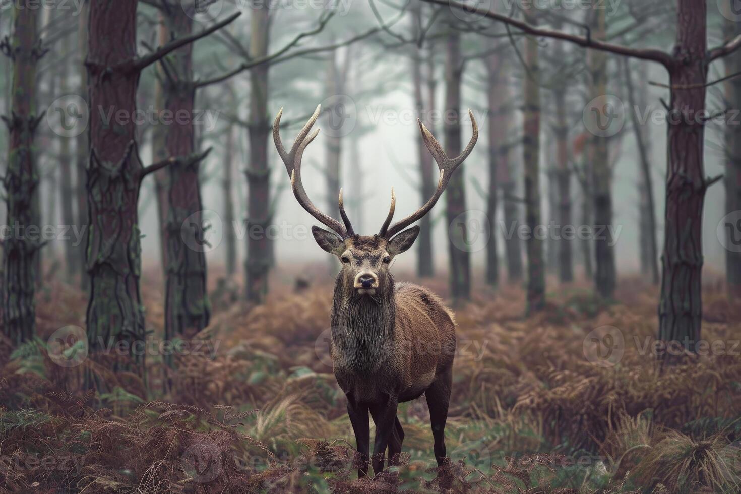 Majestic stag in misty forest photo