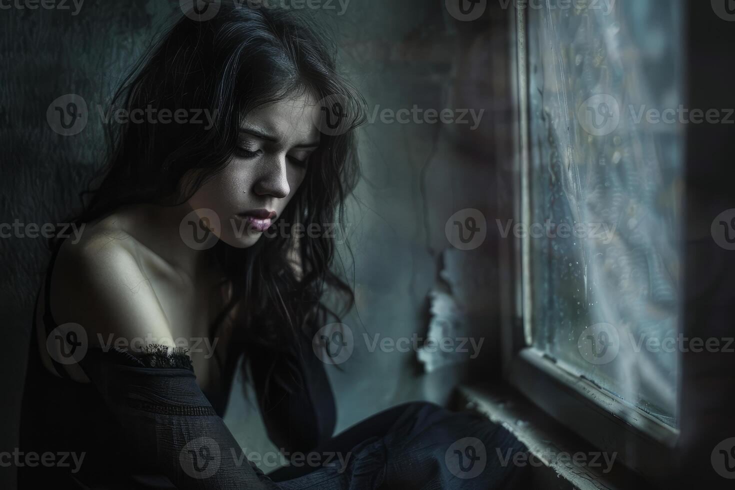 Contemplative woman by rainy window photo
