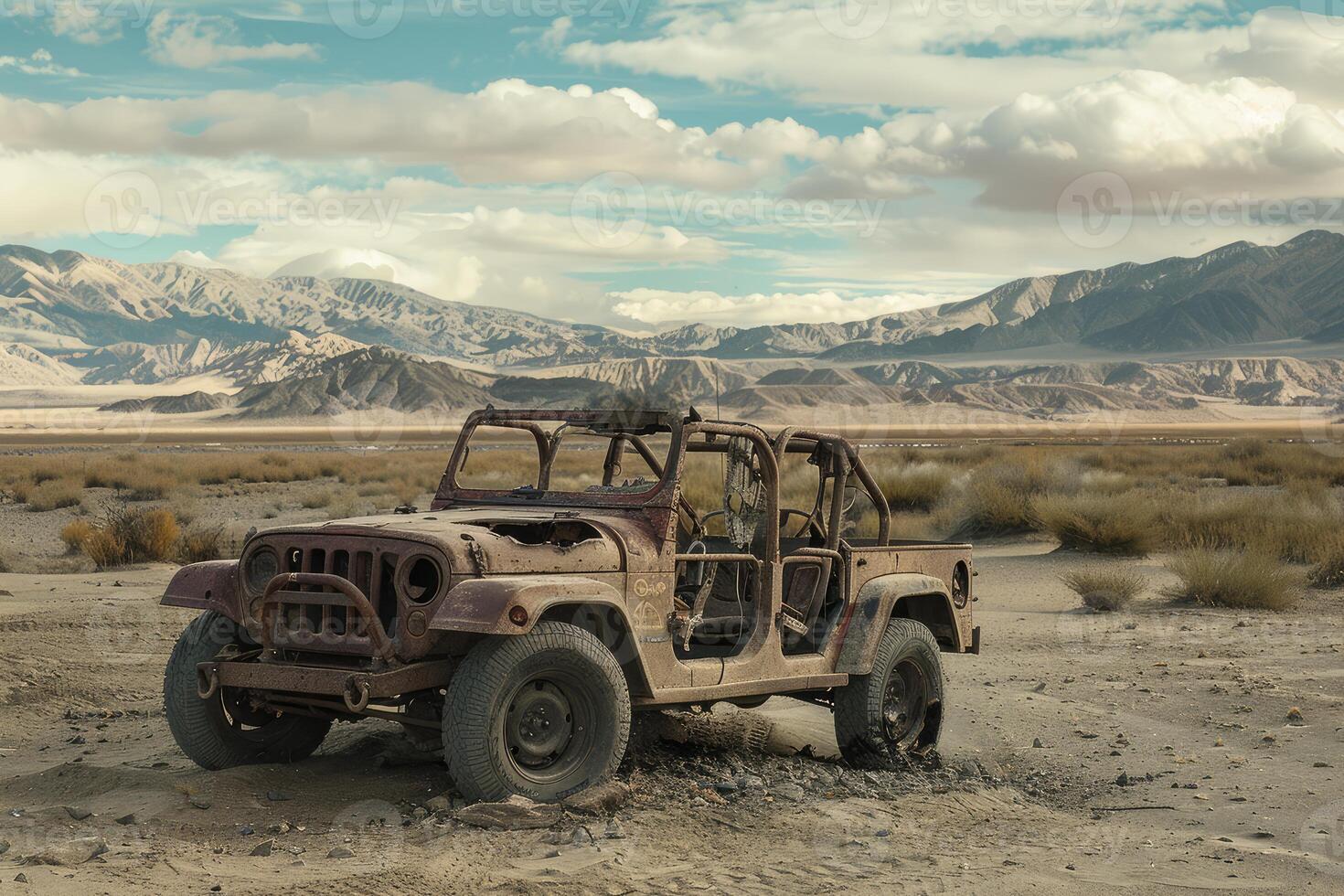 Abandoned rusty jeep in desert landscape photo