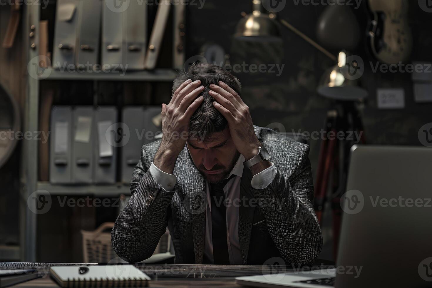 Man in a suit appears stressed with hands on his head, in a dimly lit office photo