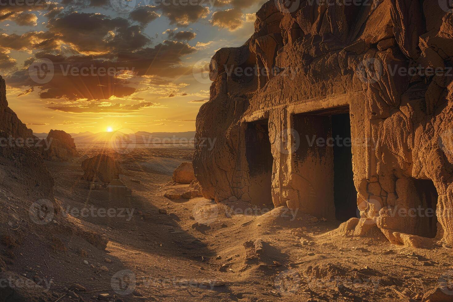 Warm sunset illuminates ancient ruins in a serene desert landscape photo