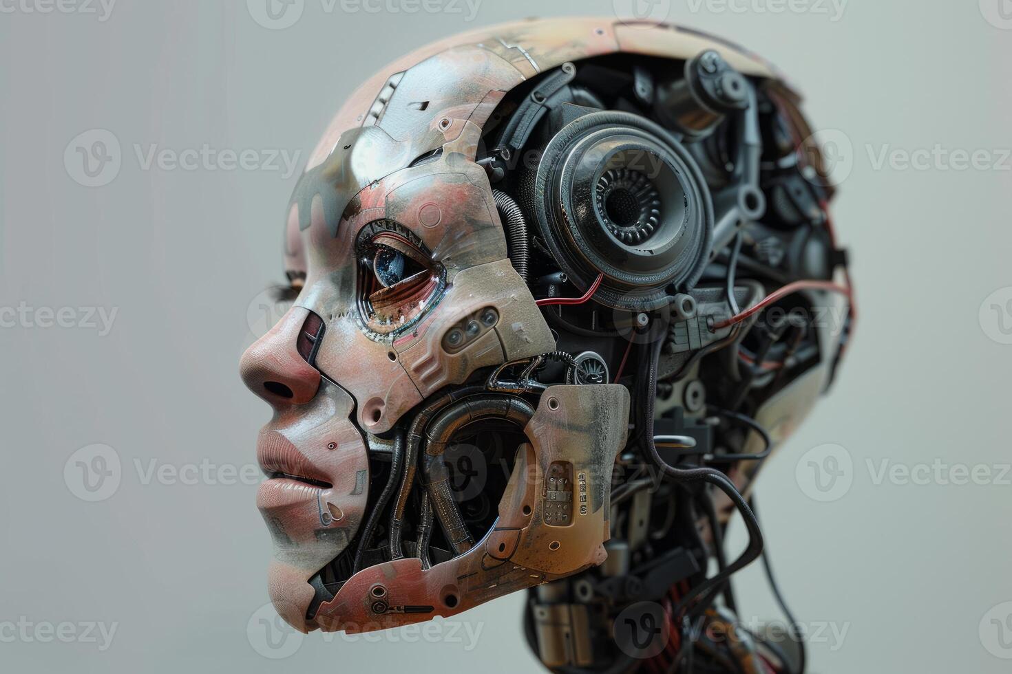 Futuristic android head with exposed technology photo