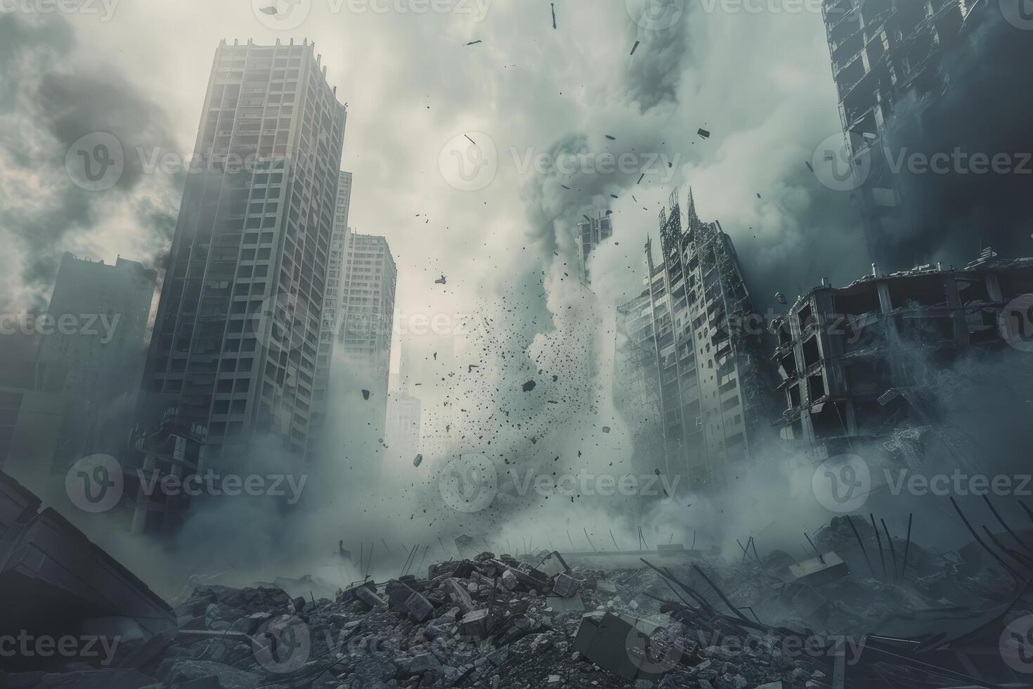 Dramatic image depicting a city under apocalyptic destruction with debris and buildings collapsing photo