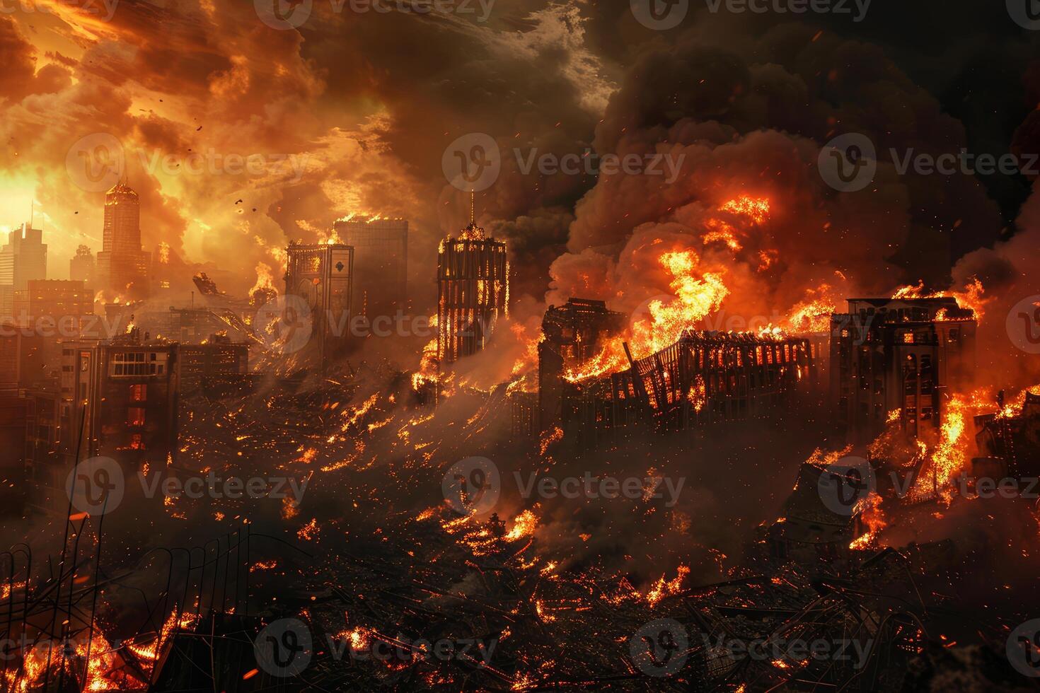 Dramatic depiction of a city engulfed in flames and smoke during a catastrophic event photo