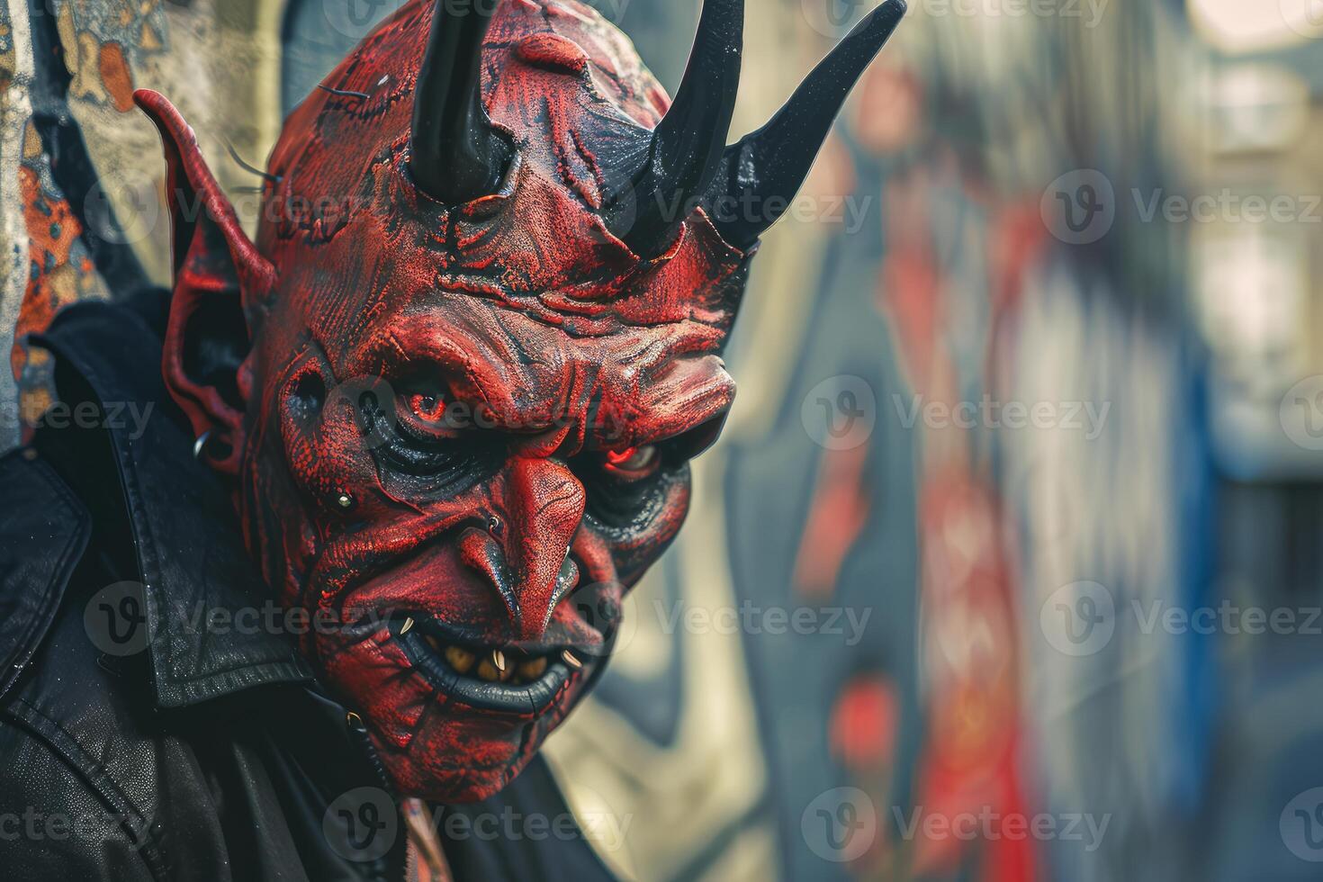 Red devil mask portrait with urban background photo