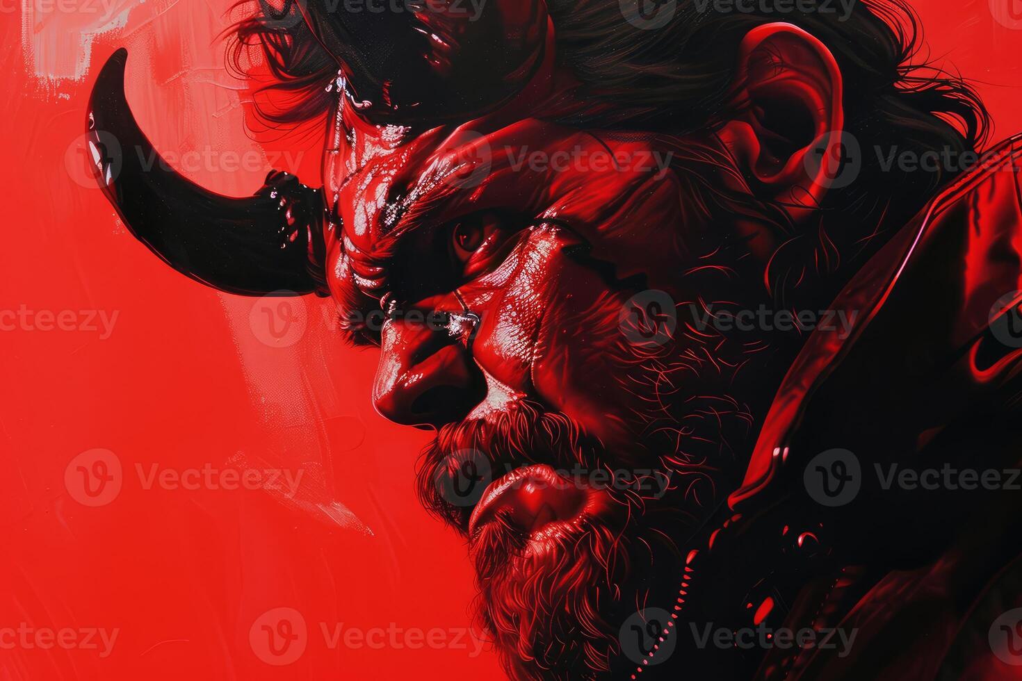 Intense demon warrior portrait on red background photo