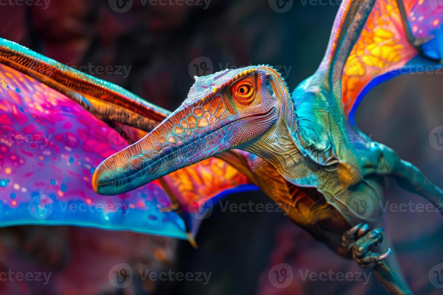 Colorful digital illustration of a prehistoric pterosaur with detailed textures photo