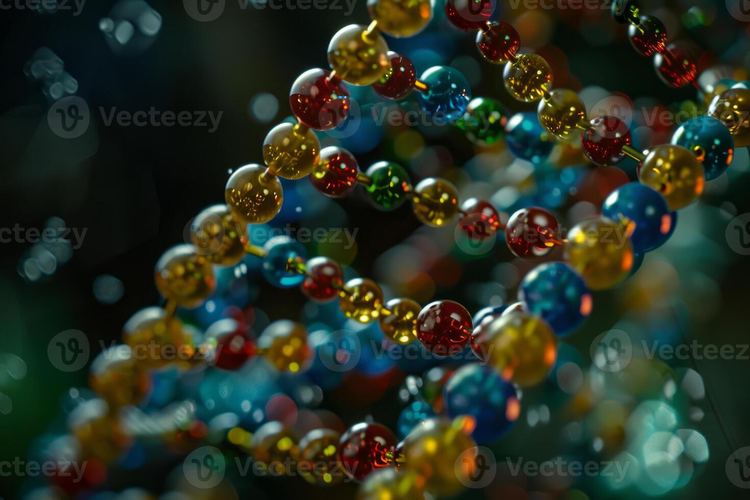 Macro shot of a vibrant, spiraling string of multicolored beads with a bokeh background photo