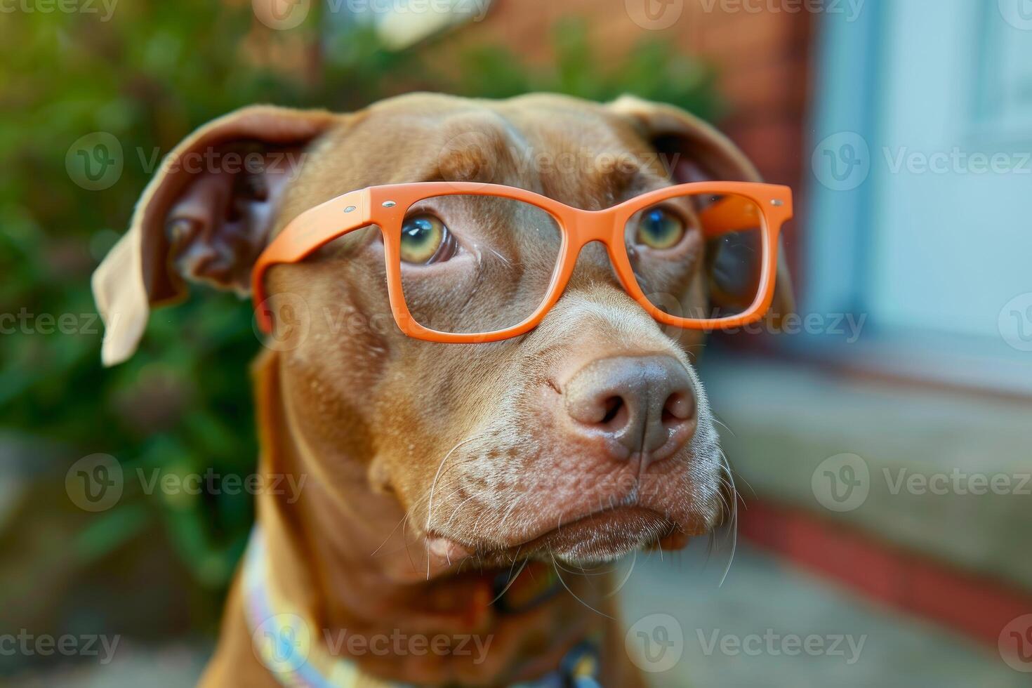 Quirky dog wearing orange glasses photo