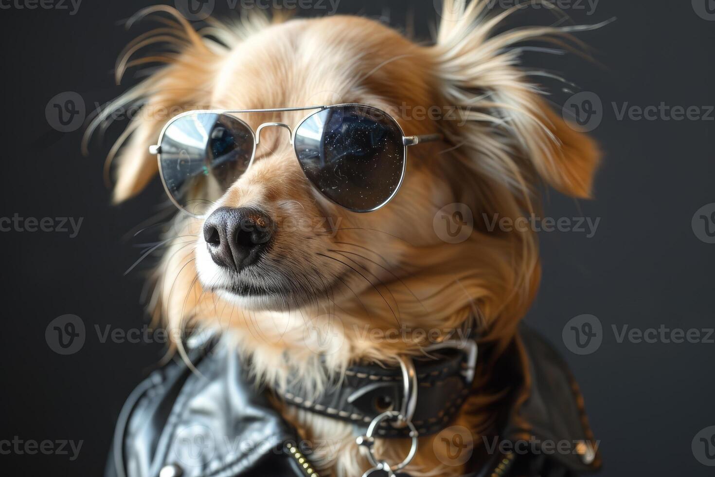 Stylish dog in sunglasses and leather jacket photo