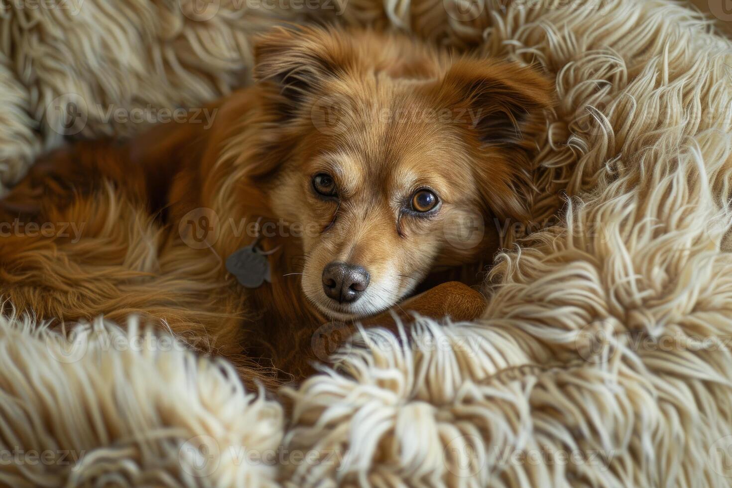 Cozy dog nestled in blankets photo