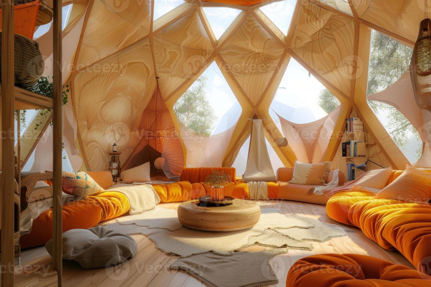 Cozy modern geodesic dome interior with warm light photo