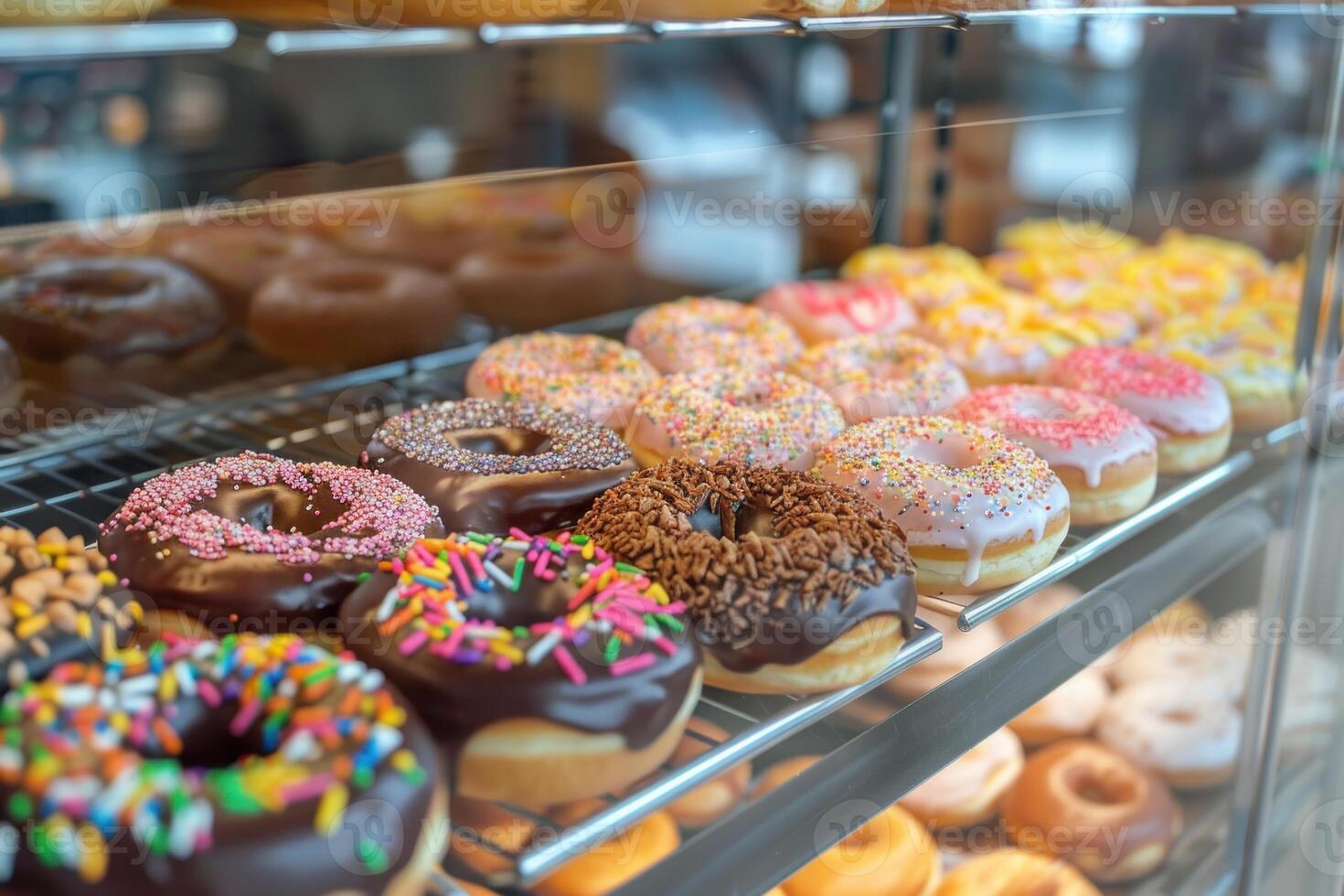 Assorted donuts on display in bakery case photo