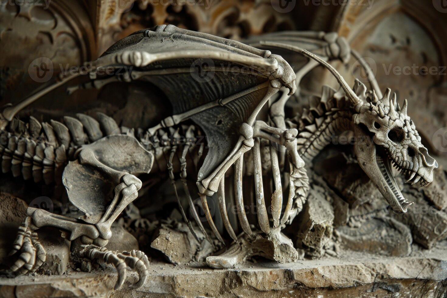 Detailed view of a fantasy dragon skeleton in gothic style decor photo