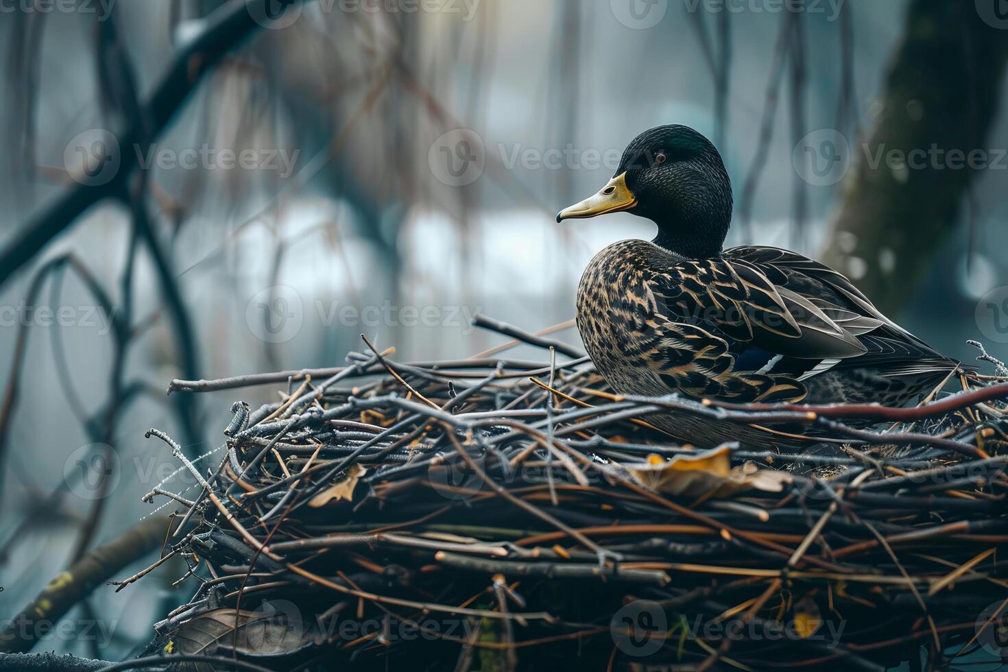 Mallard duck resting on a nest in misty wetlands photo