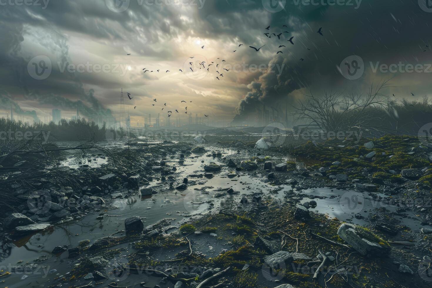 Apocalyptic industrial landscape in dusk light photo