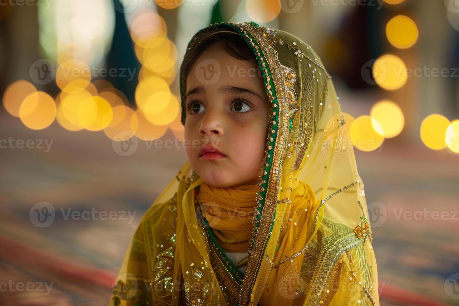 Enchanting child in traditional dress with sparkling bokeh photo