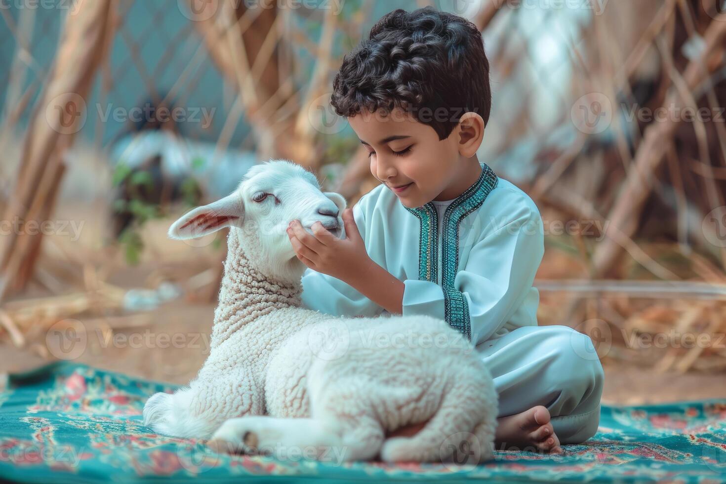 Tender moment between child and lamb photo