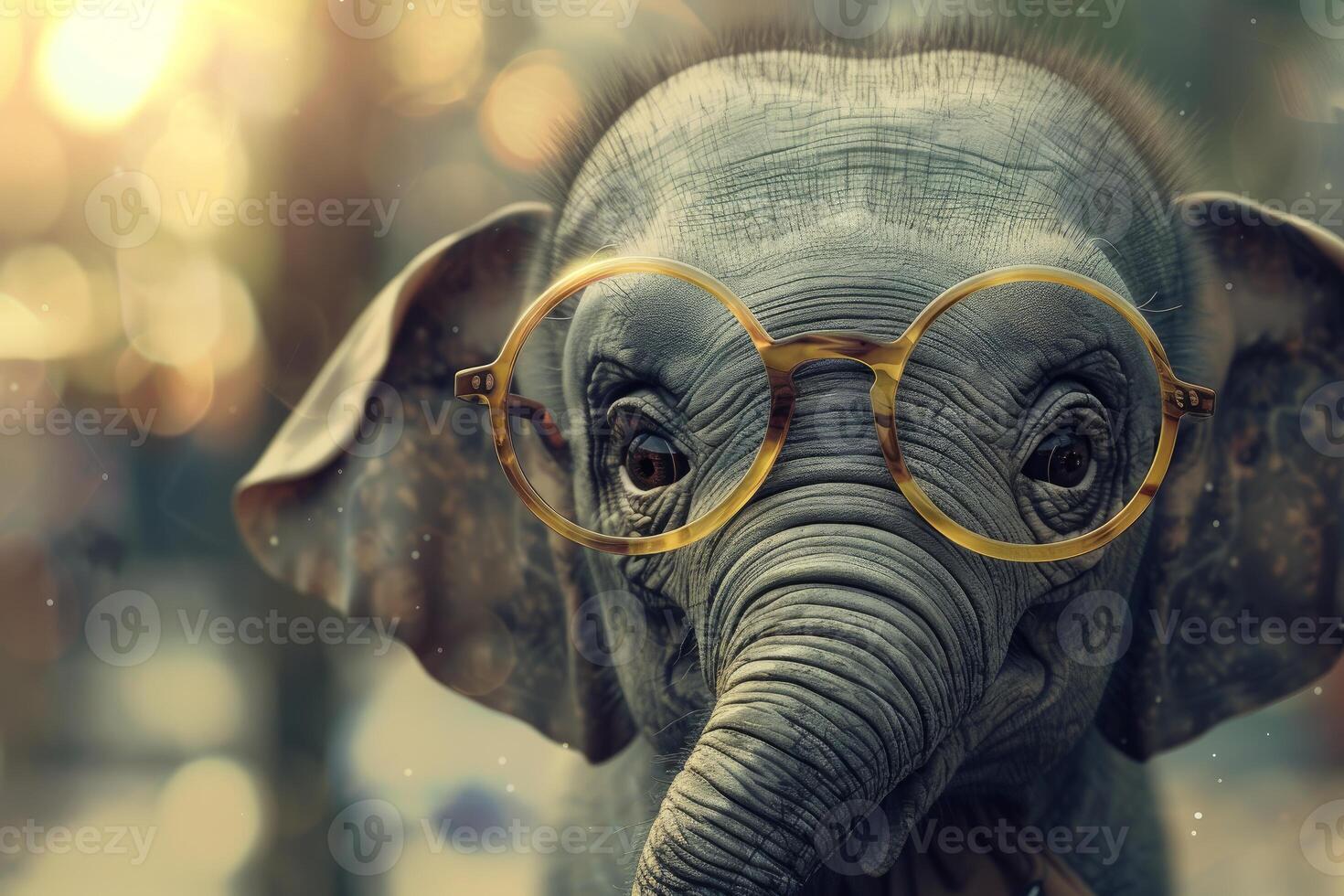 Closeup of a whimsical elephant with round glasses against a bokeh background photo
