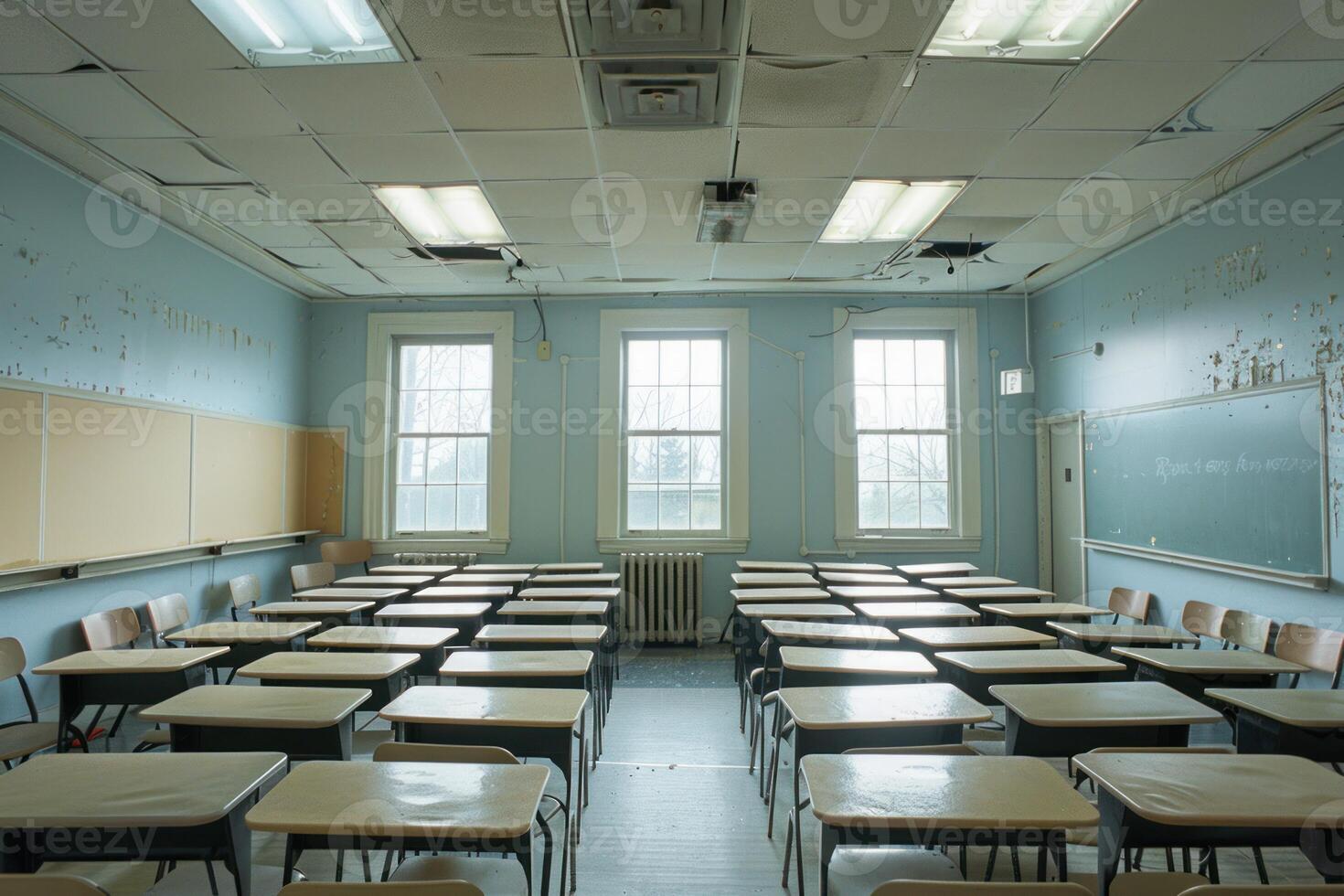 Empty classroom with sunlit windows and desks photo
