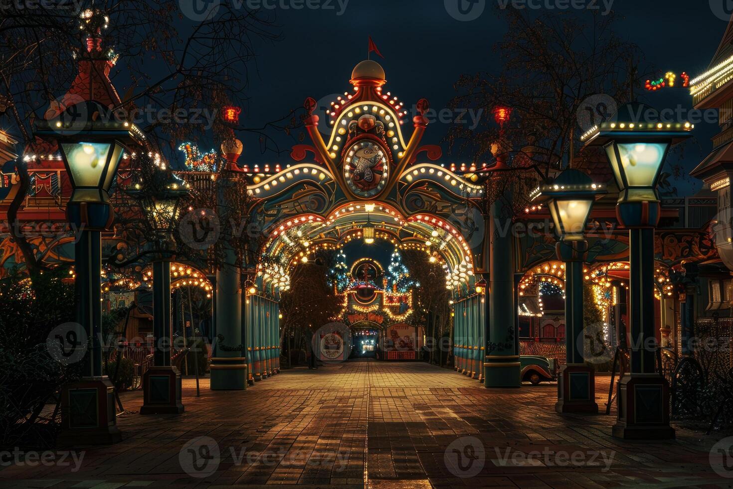 Enchanted evening at the amusement park entrance photo