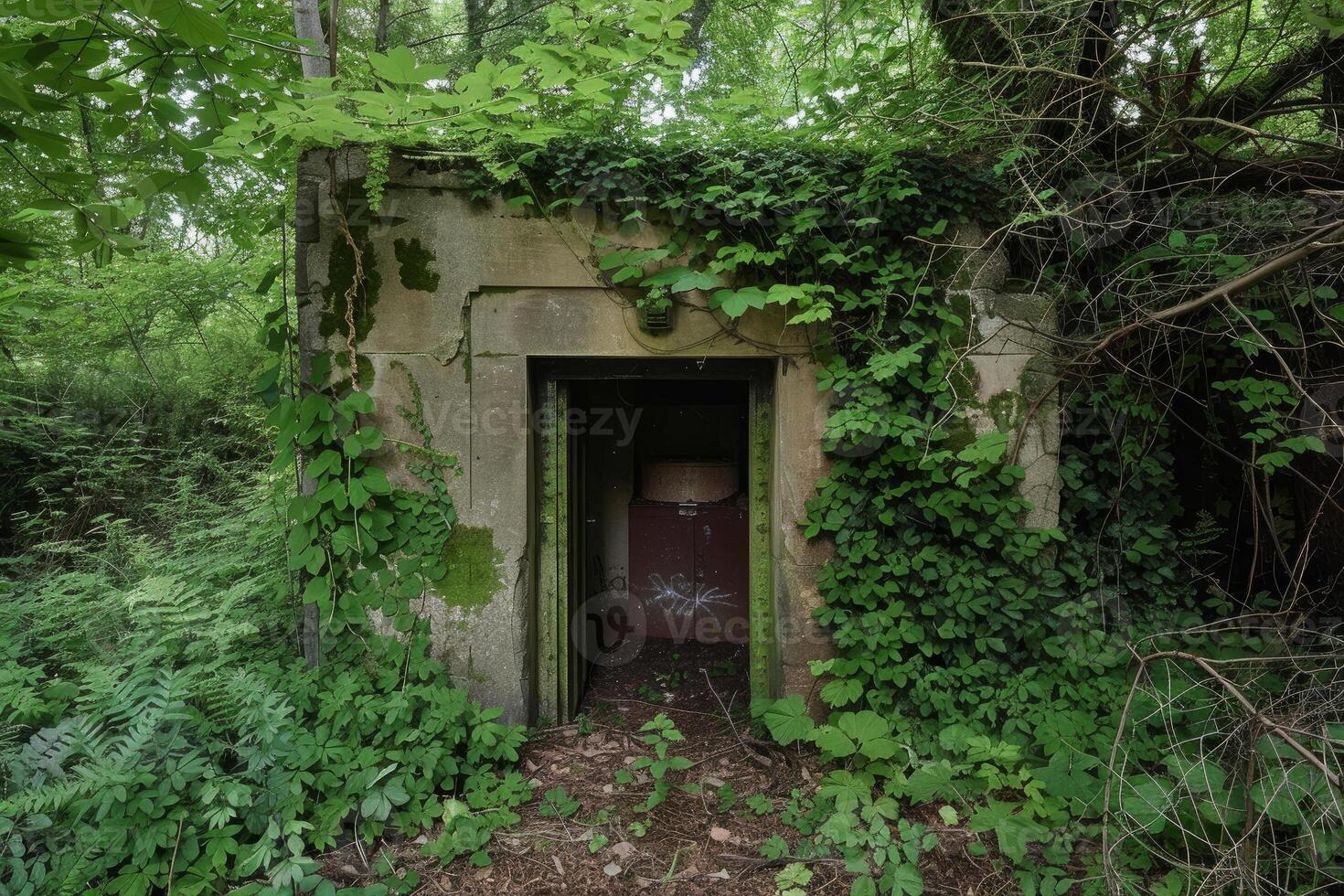 Abandoned building entrance overgrown with vines photo