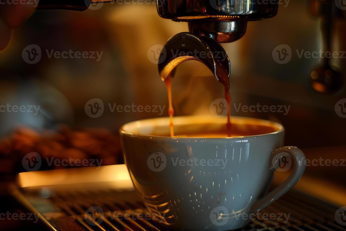 Fresh espresso pouring into white cup photo