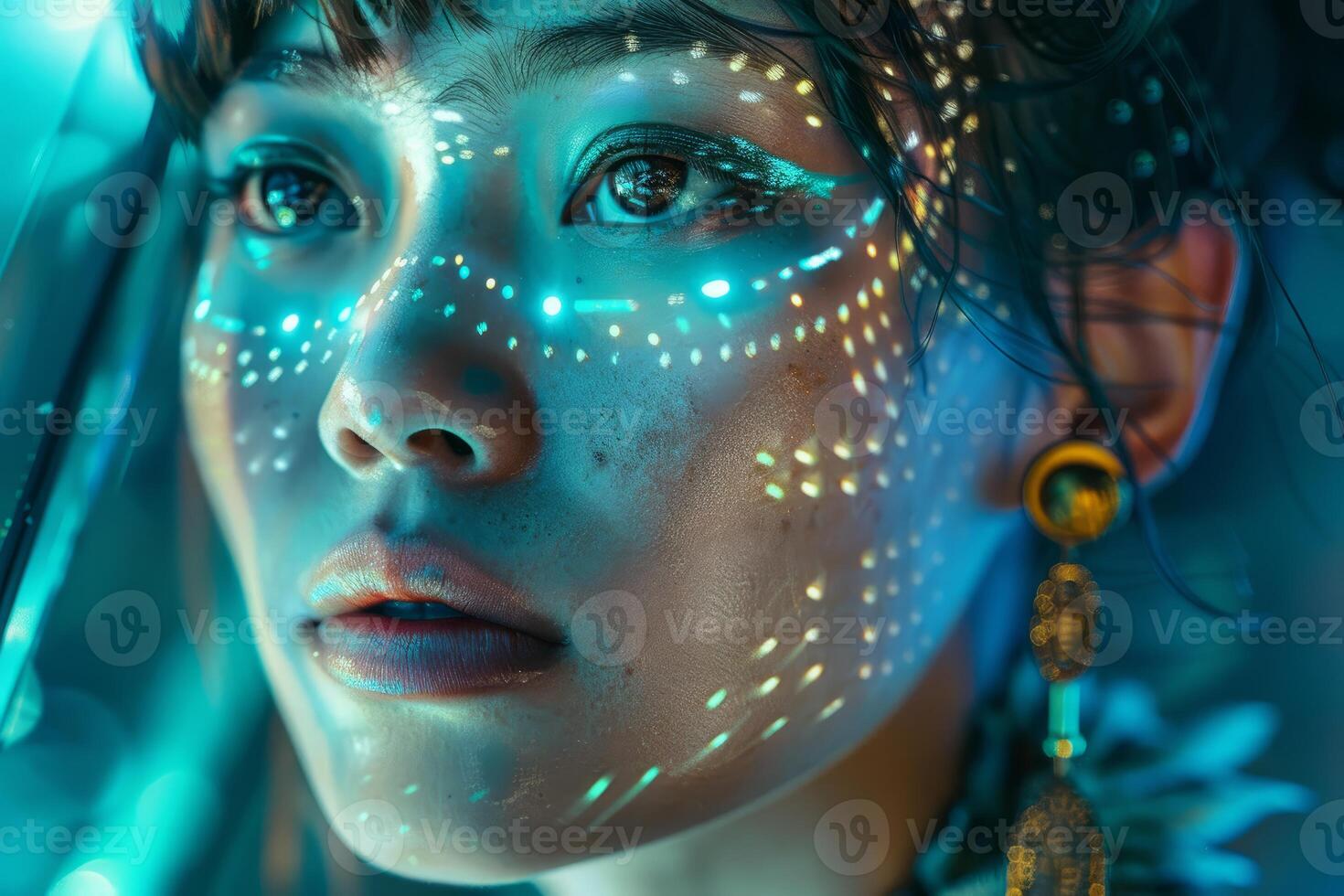 Futuristic woman with projected light patterns photo