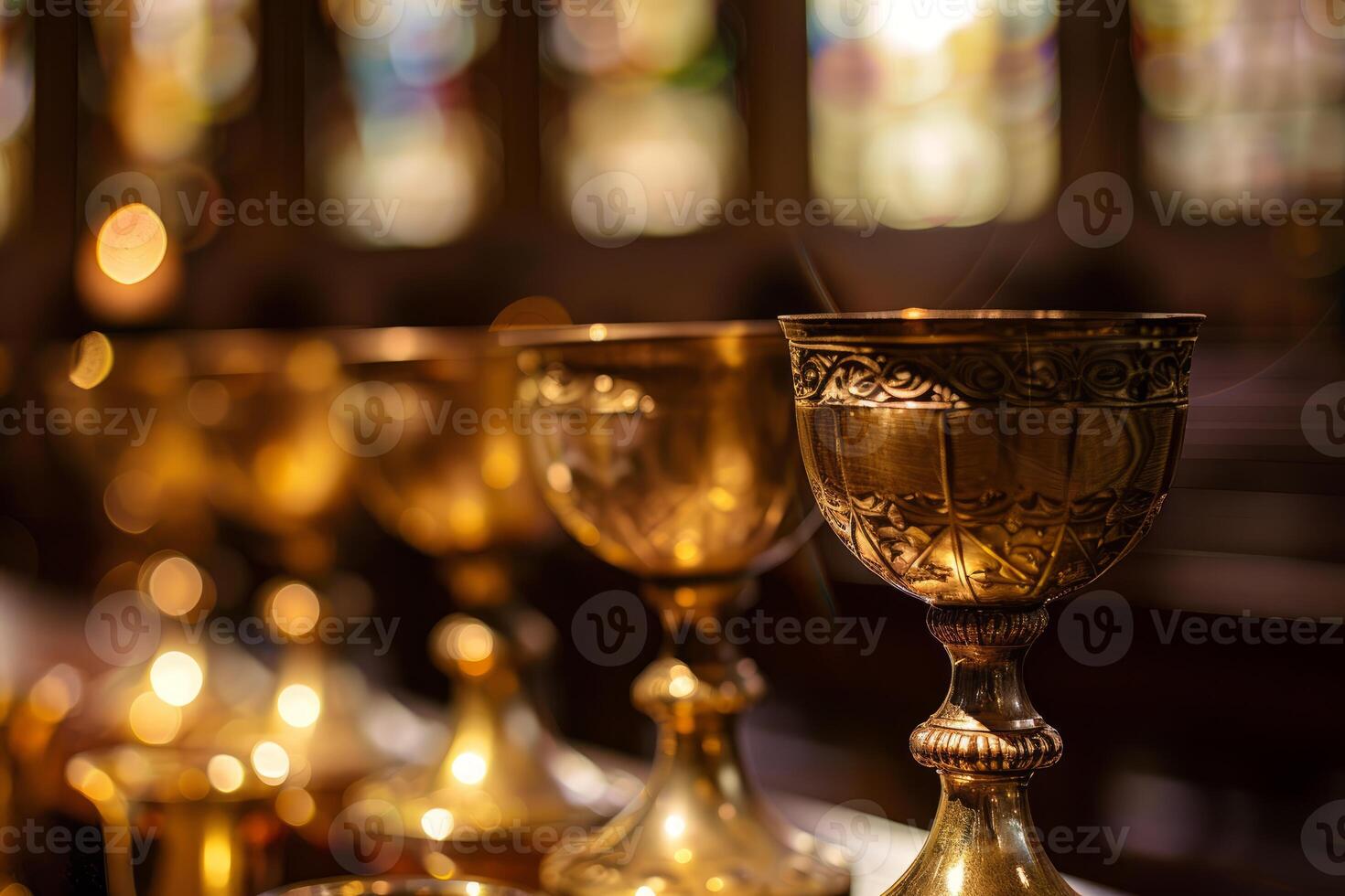 Golden chalices in soft lit chapel photo