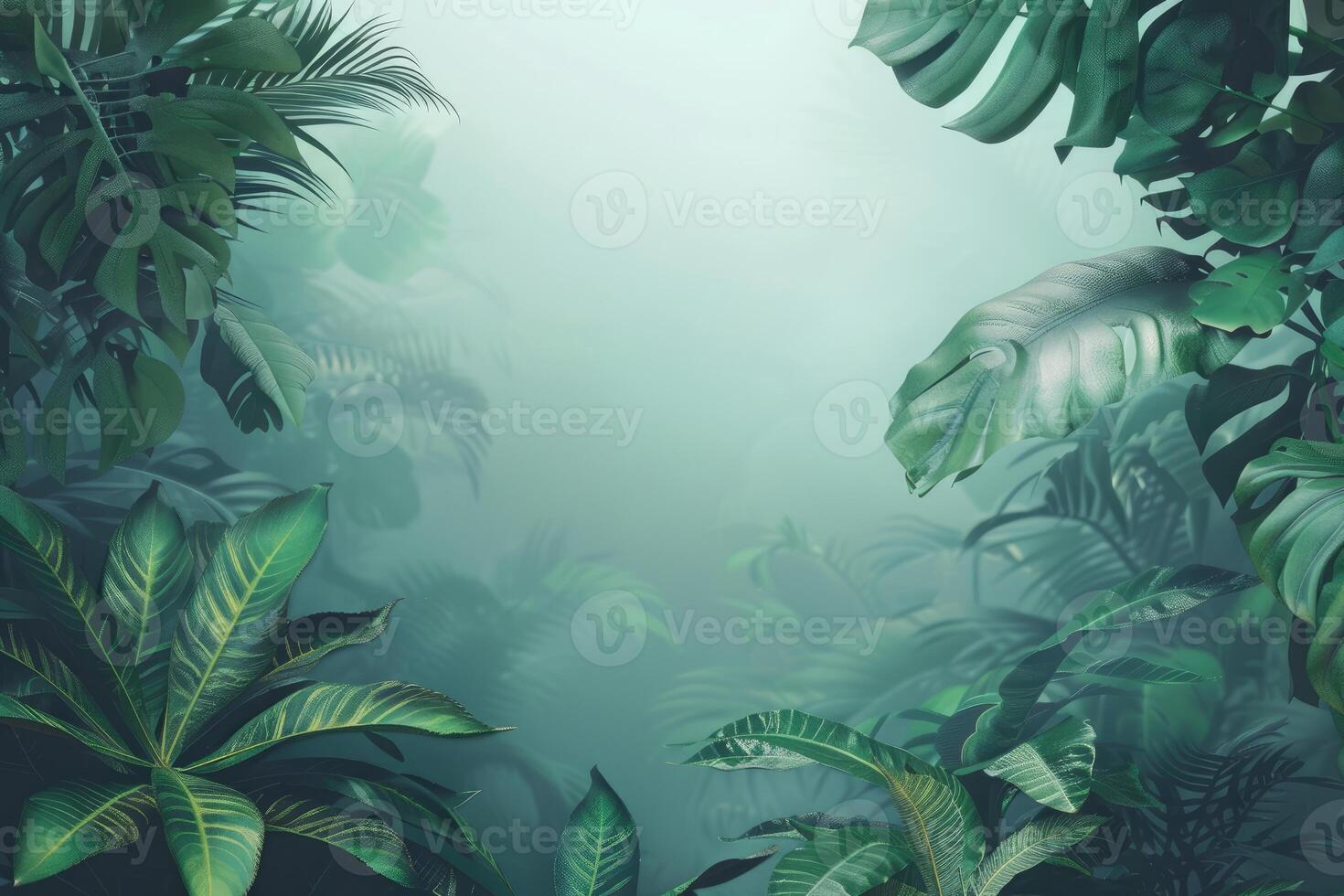 Lush greenery and foliage with a soft mist creating an enchanting jungle scene photo