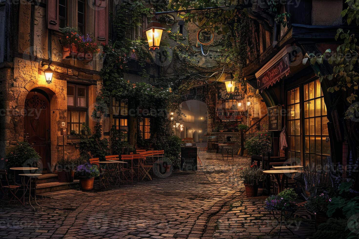 Enchanting european alley at night photo
