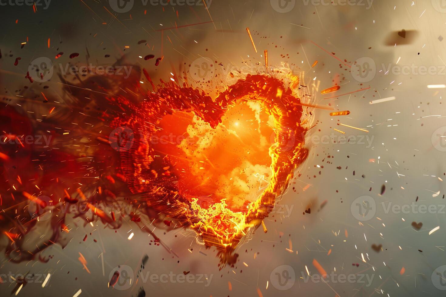 Flaming heart with sparks on dark background photo